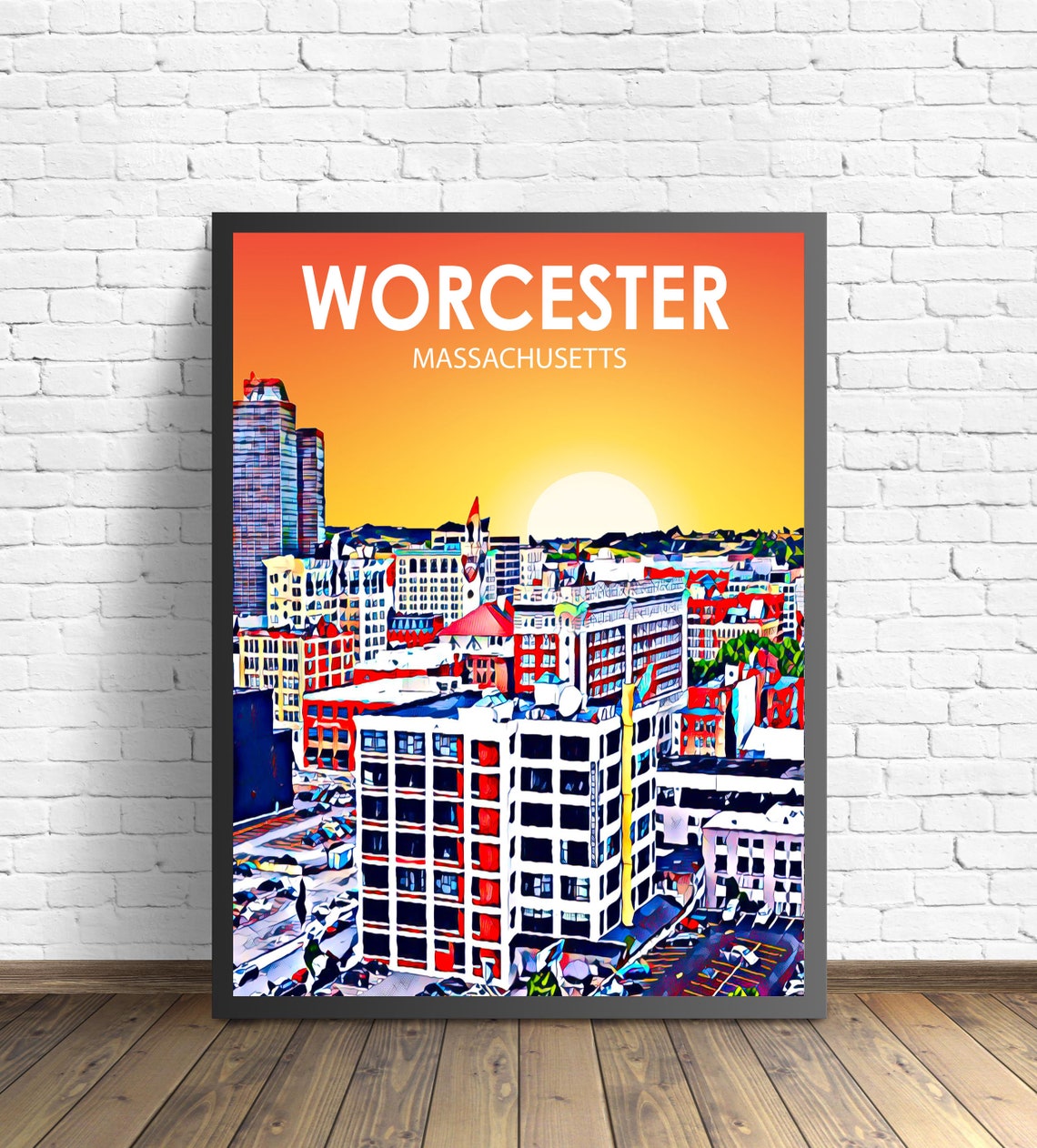 Worcester Massachusetts Colorful Sunset Skyline City Travel Poster