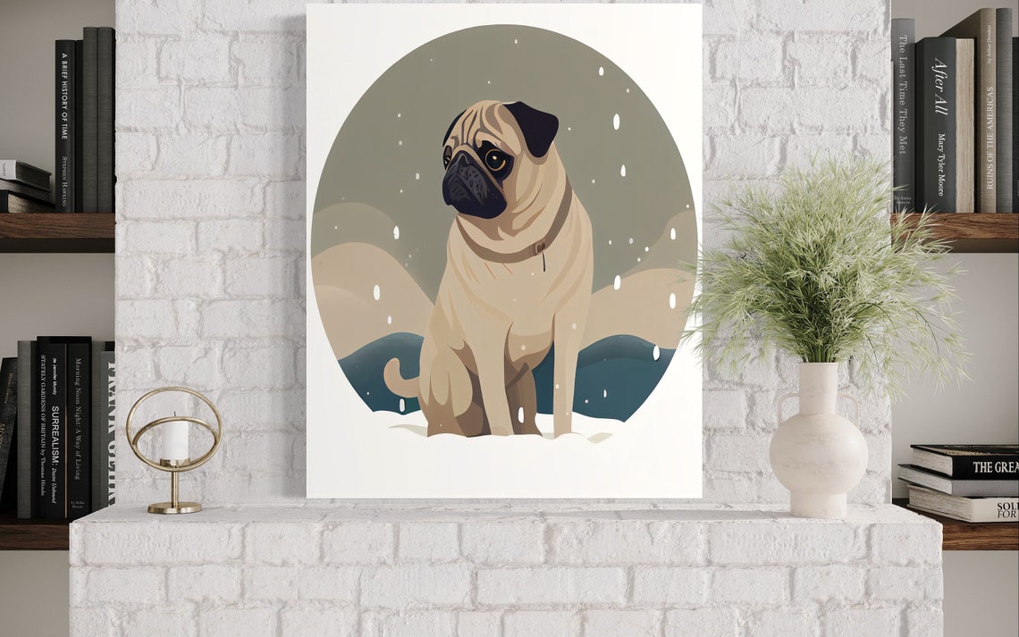 Fawn Pug Sitting in Falling Snow Cute Dog Illustration Art Poster - Image 3