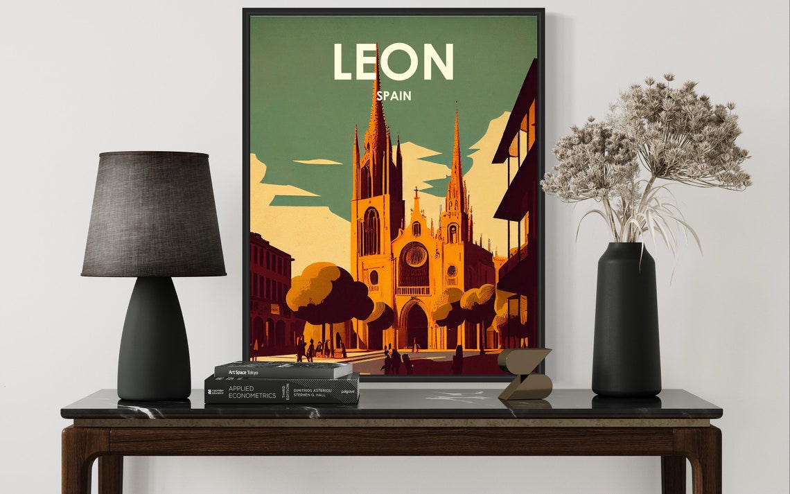 Leon Spain Twin-Spired Gothic Cathedral Dusk Vintage Travel Poster - Image 3