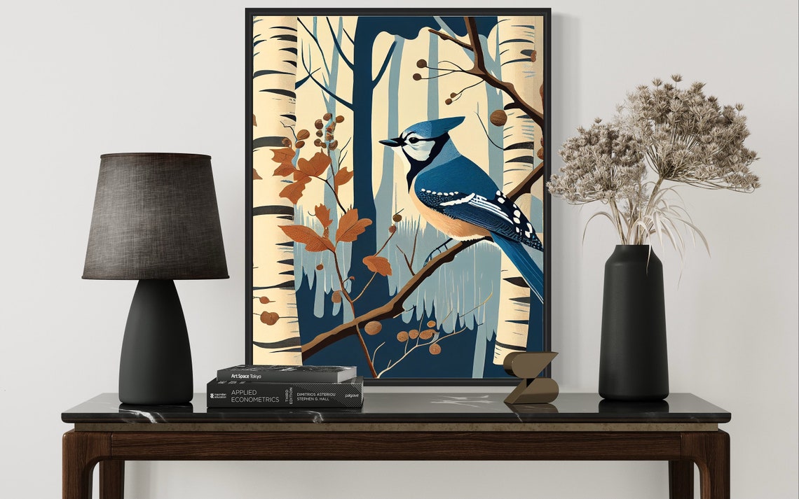 Blue Jay Perched Among Tall Birch Trees Vintage Bird Art Print - Image 2