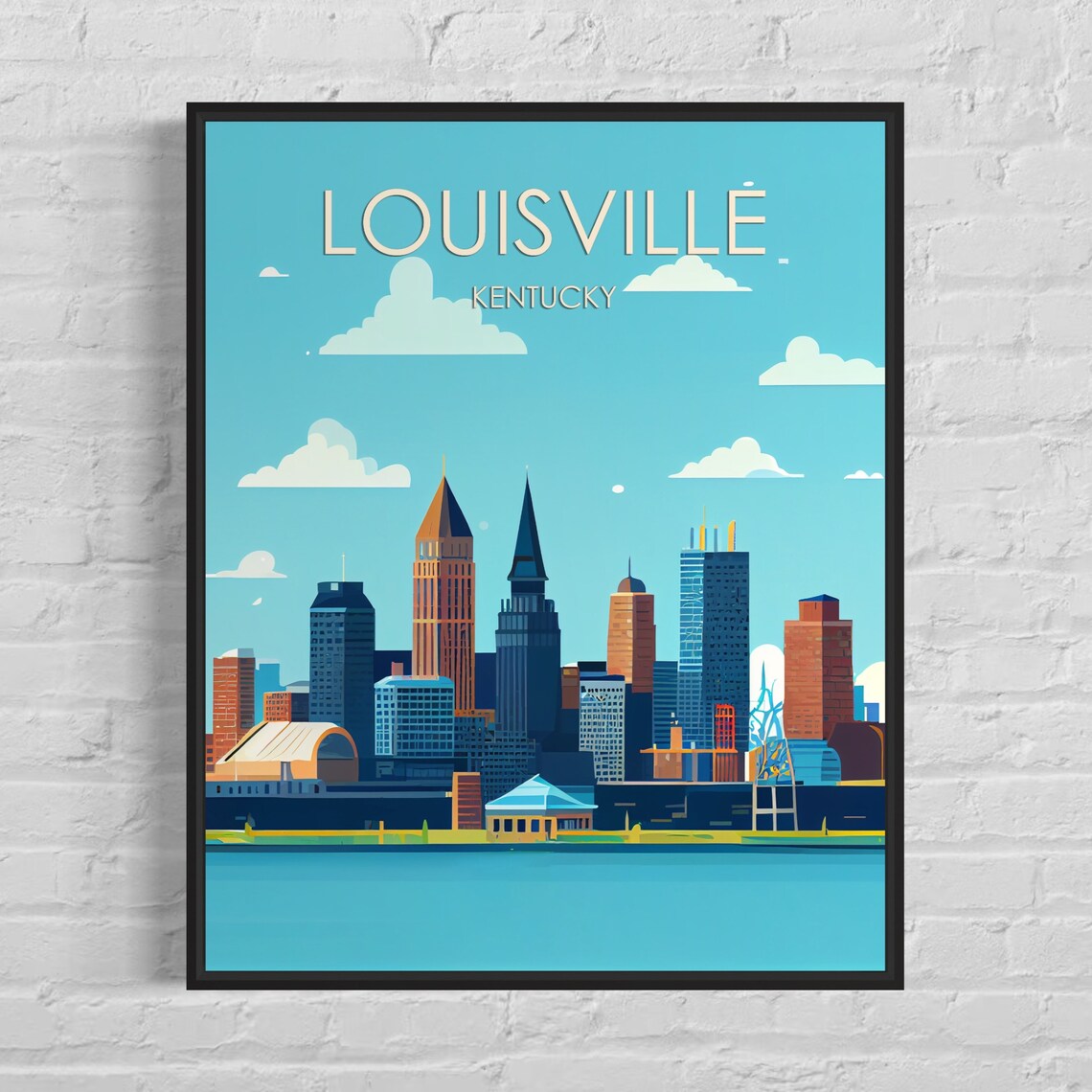 Louisville Kentucky Riverfront Skyline Bridge Retro Travel Poster