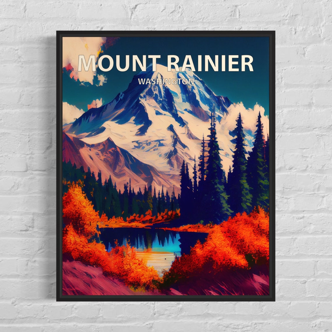 Mount Rainier Washington Snowcapped Peak in Autumn Art Poster