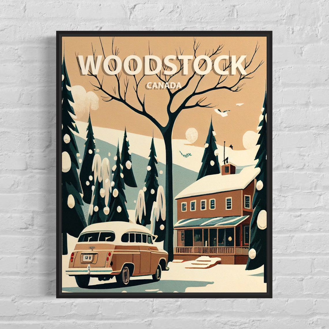 Woodstock Canada Retro Snowy Cabin Vintage Wagon Scene Poster