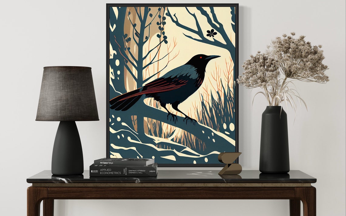 Black Crow Perched on Bare Winter Branch Vintage Bird Art Print - Image 2