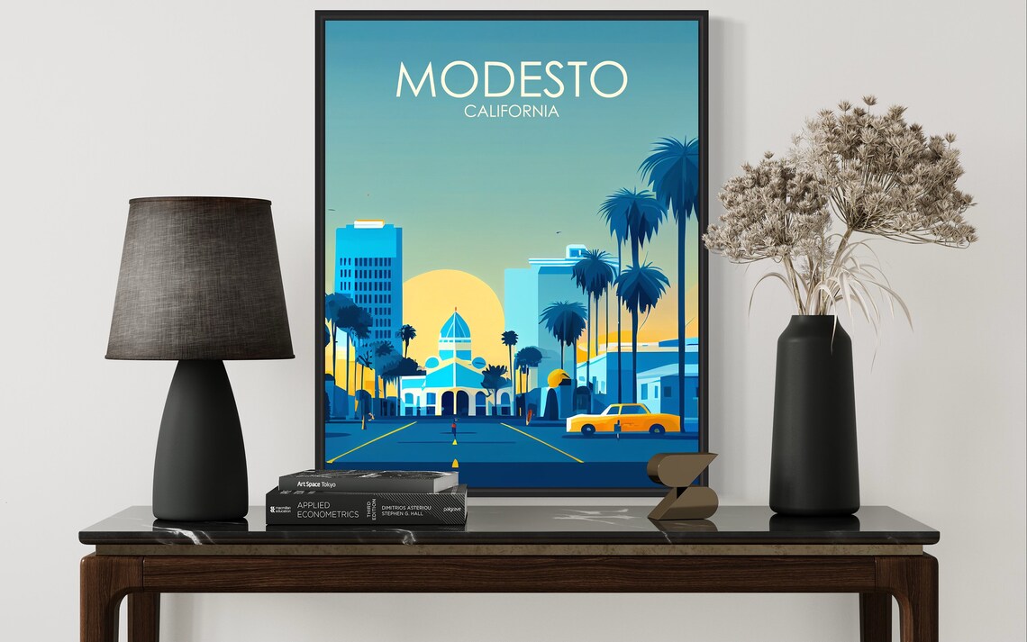Modesto California Downtown Street Domed Hall Sunset Art Poster - Image 3