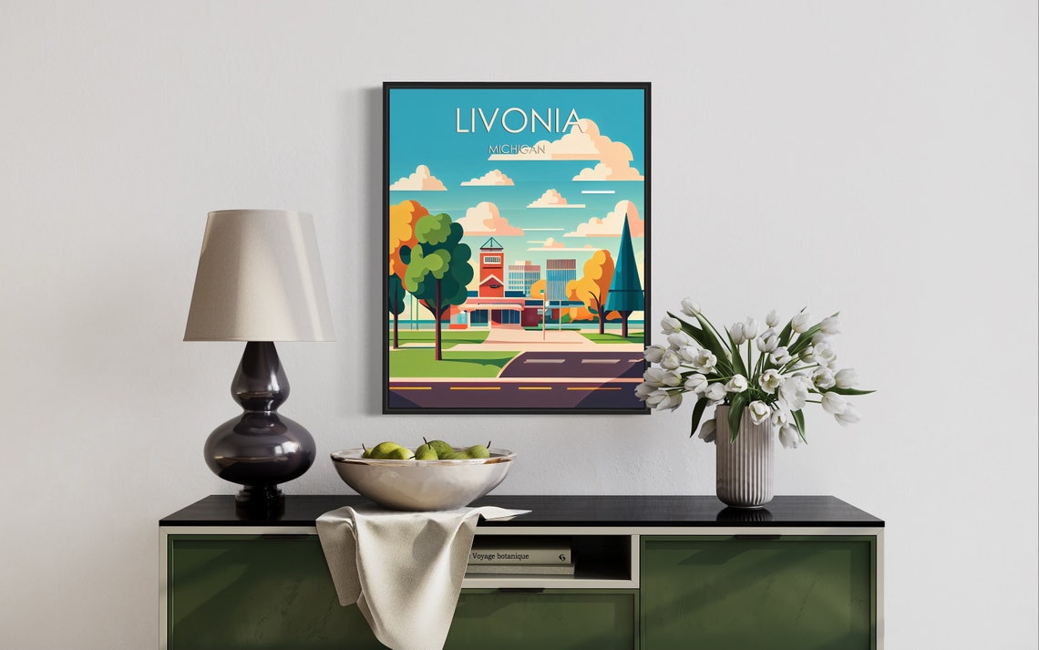 Livonia Michigan Autumn Trees Campus Scene Retro Travel Poster - Image 3