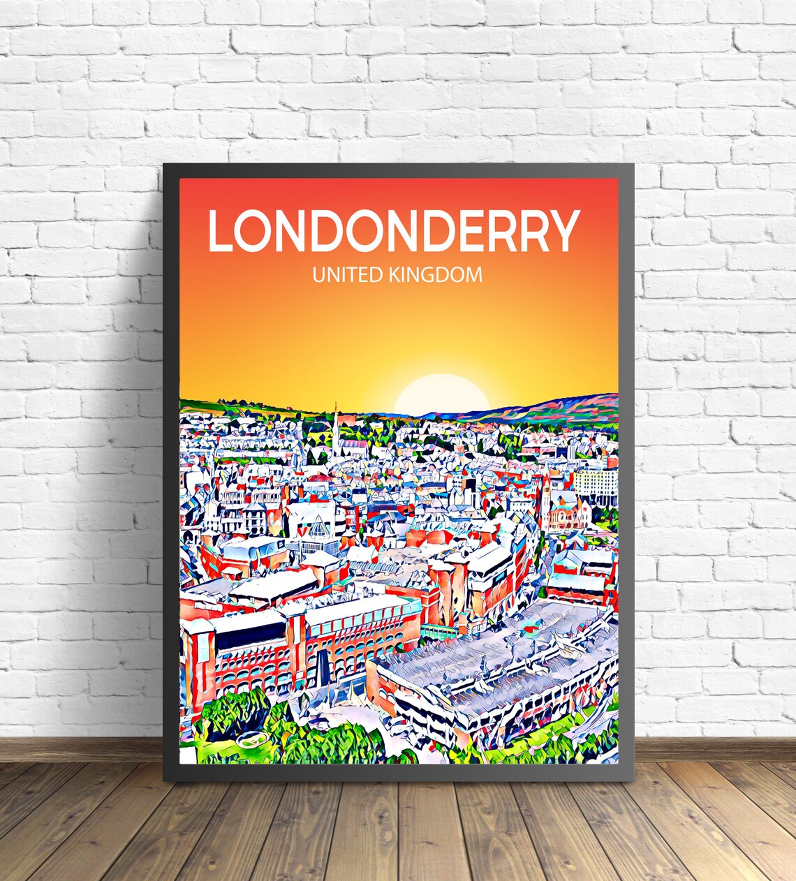 Londonderry United Kingdom Sunset Skyline Vibrant Cityscape Art Poster