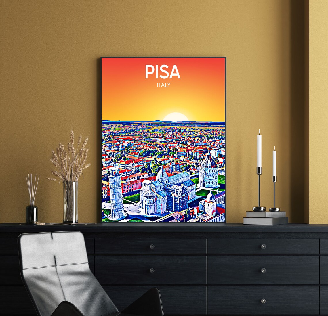 Pisa Italy Leaning Tower and Cathedral Golden Sunset Skyline Poster - Image 2