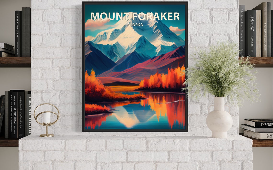 Mount Foraker Alaska Snowy Giant Lake Reflection Retro Travel Poster - Image 2