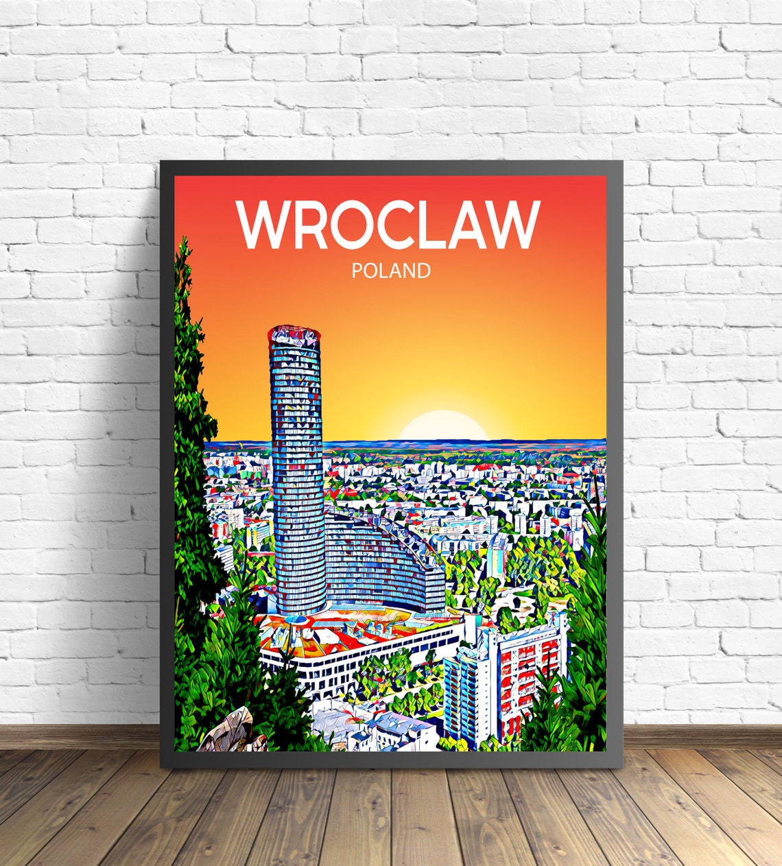 Wroclaw Poland Modern Glass Tower Sunset Skyline Pop Art Poster