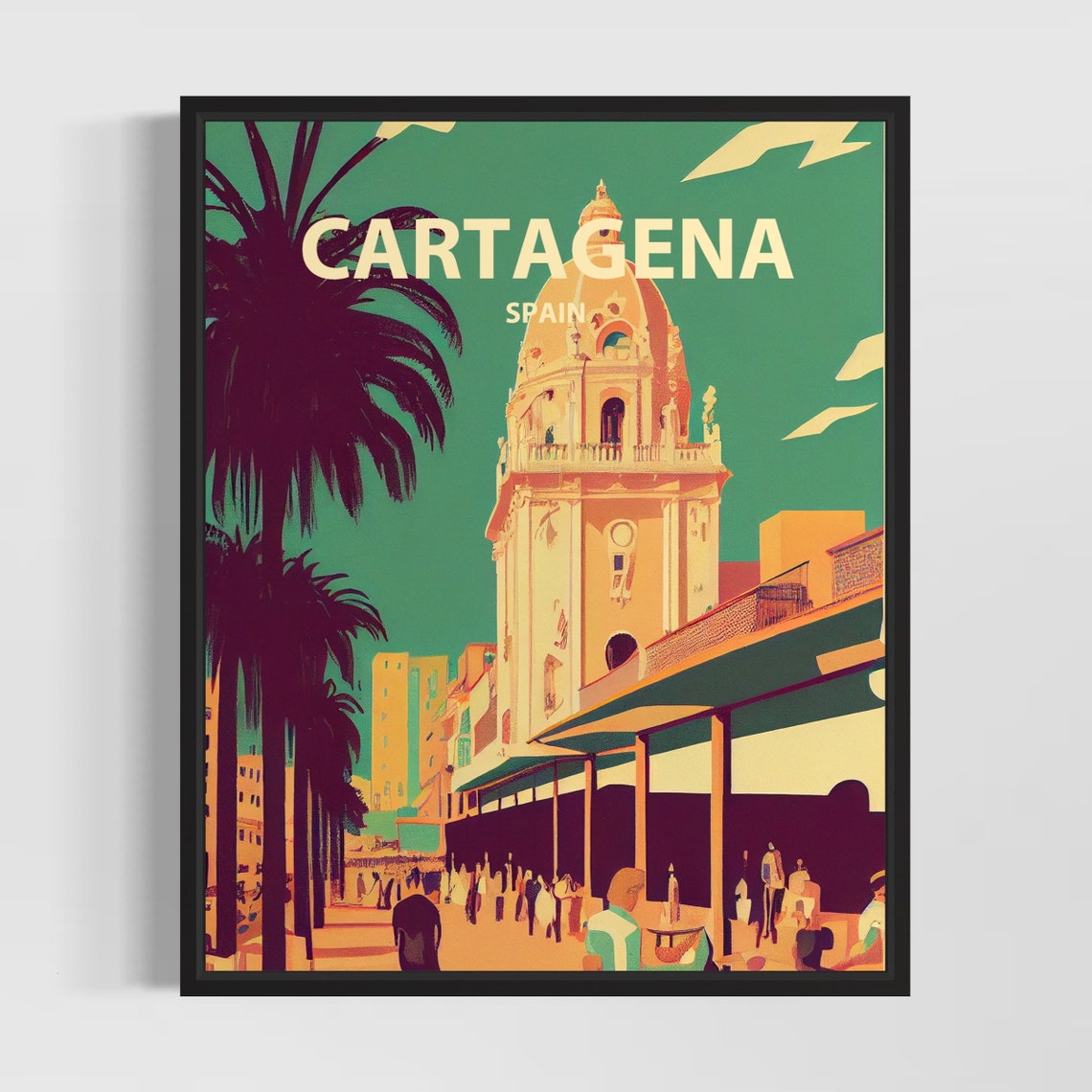 Cartagena Spain Bell Tower Palm Lined Promenade Vintage Poster