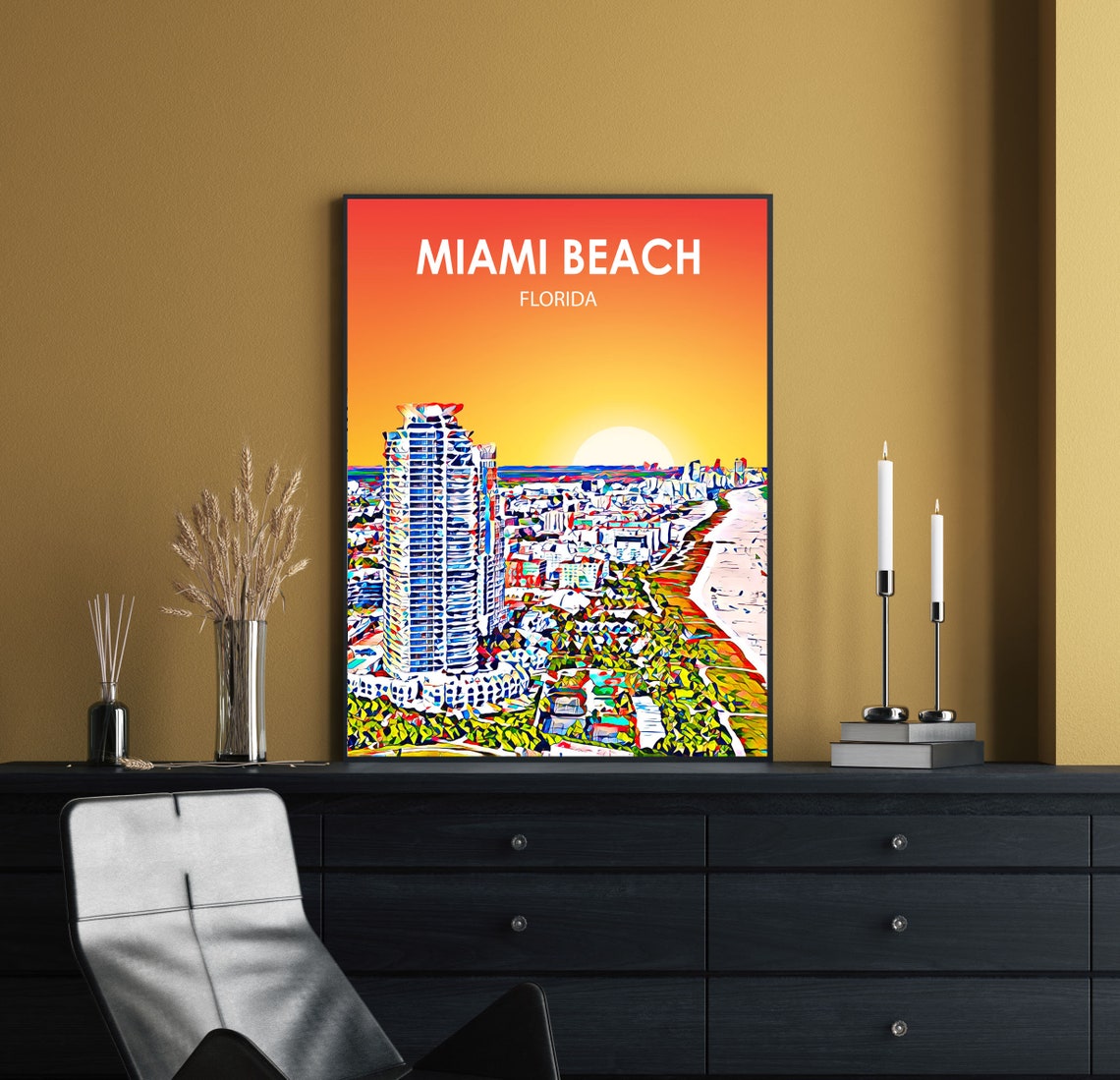 Miami Beach Florida Sunset Beachfront Coastline Sketch Poster - Image 2