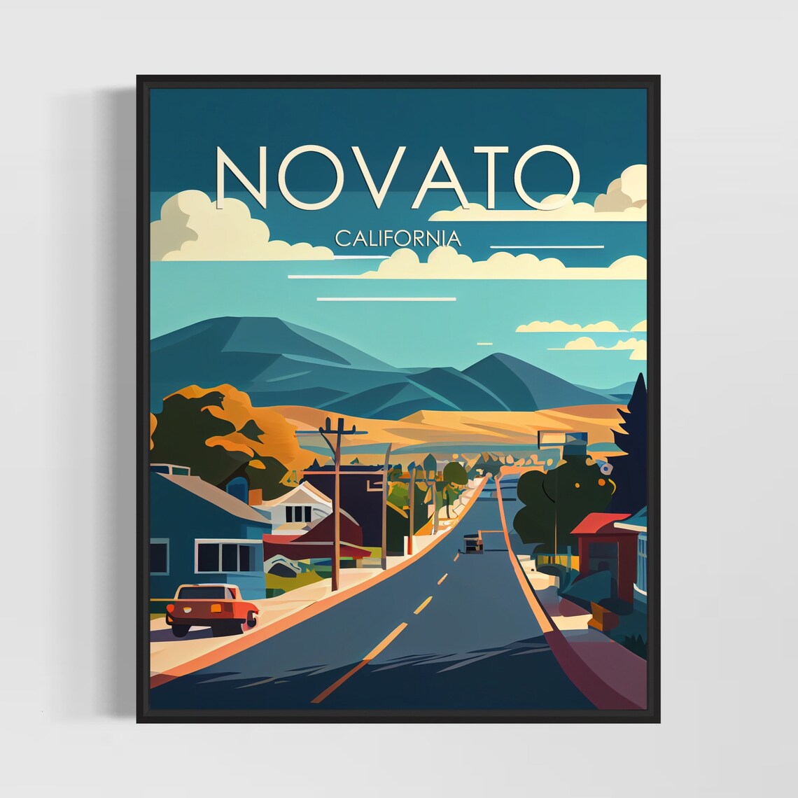 Novato California Suburban Highway Mountain View Retro Travel Poster