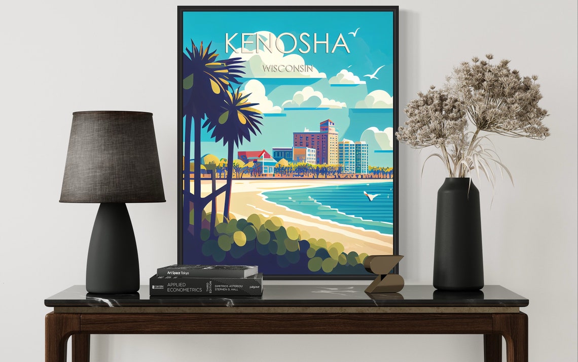 Kenosha Wisconsin Sunny Lakefront Sandy Beach Retro Travel Poster - Image 2