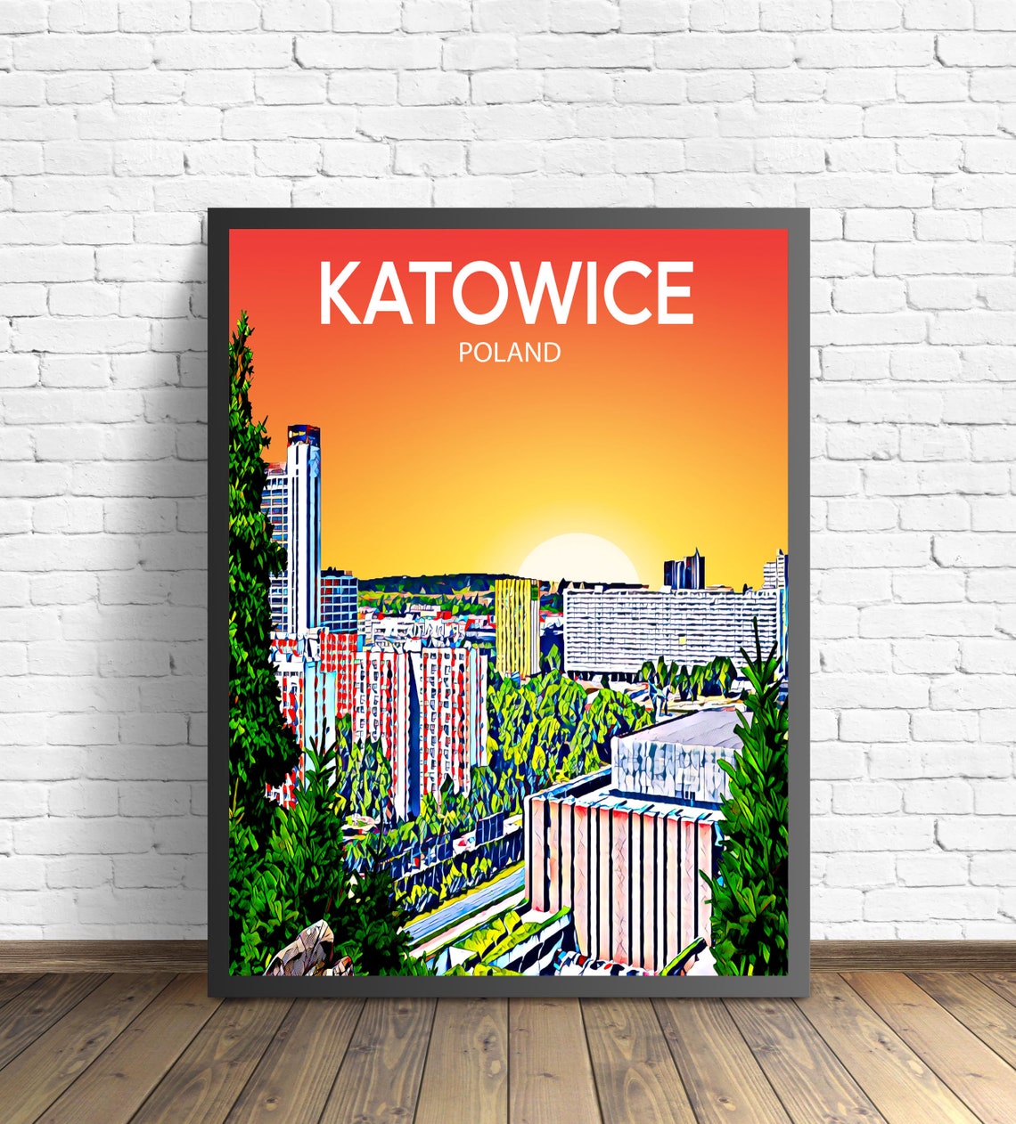 Katowice Poland Sunset Skyline Vibrant Mosaic Cityscape Art Poster