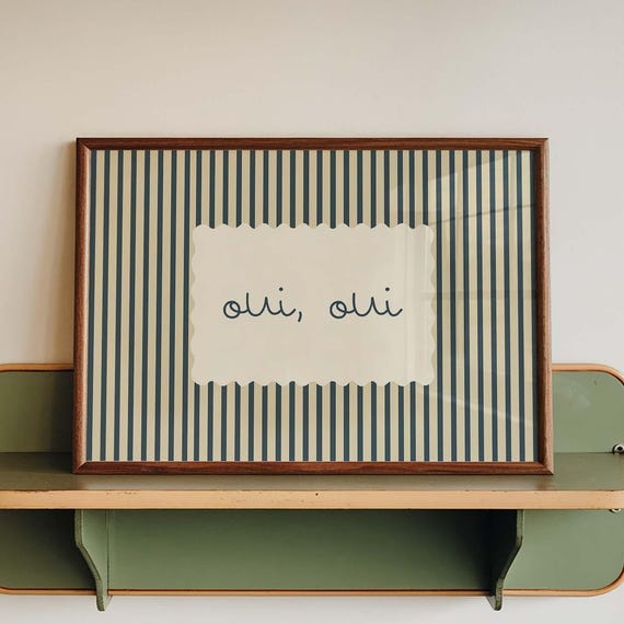 Oui Print Funny Bathroom Wall Art Typography Farmhouse Vintage Striped Decor