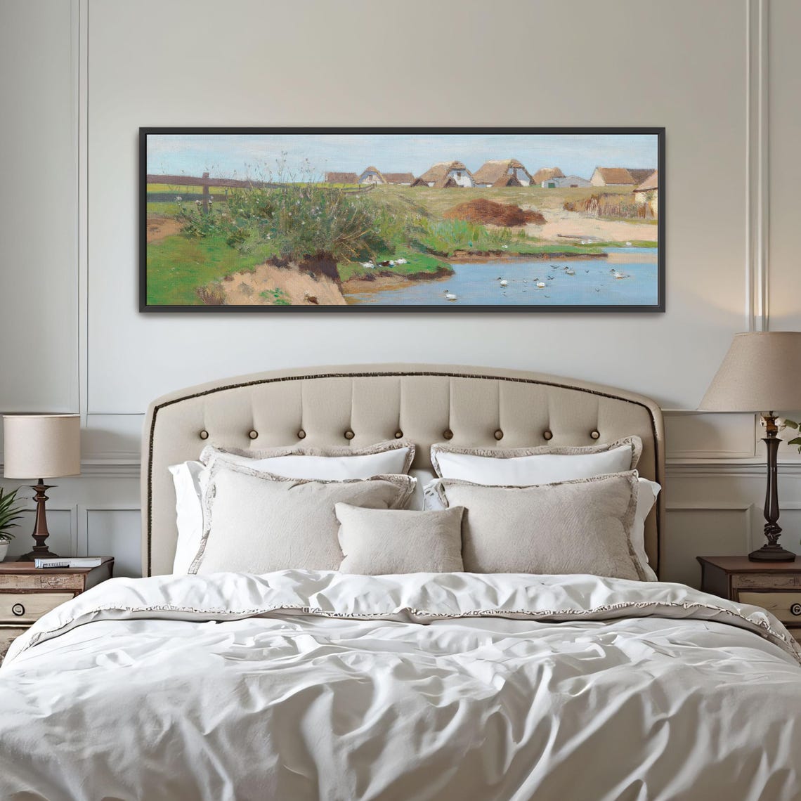 Village Cottages Along a Quiet River With Swimming Ducks Poster
