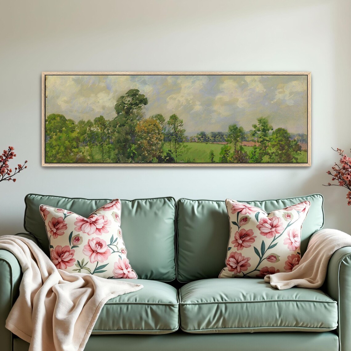 Watercolor Landscape Painting Green Trees And Clouds Panoramic Wall Art Horizontal Framed Art Above Bed Wall Art Bedroom And Living - Image 5