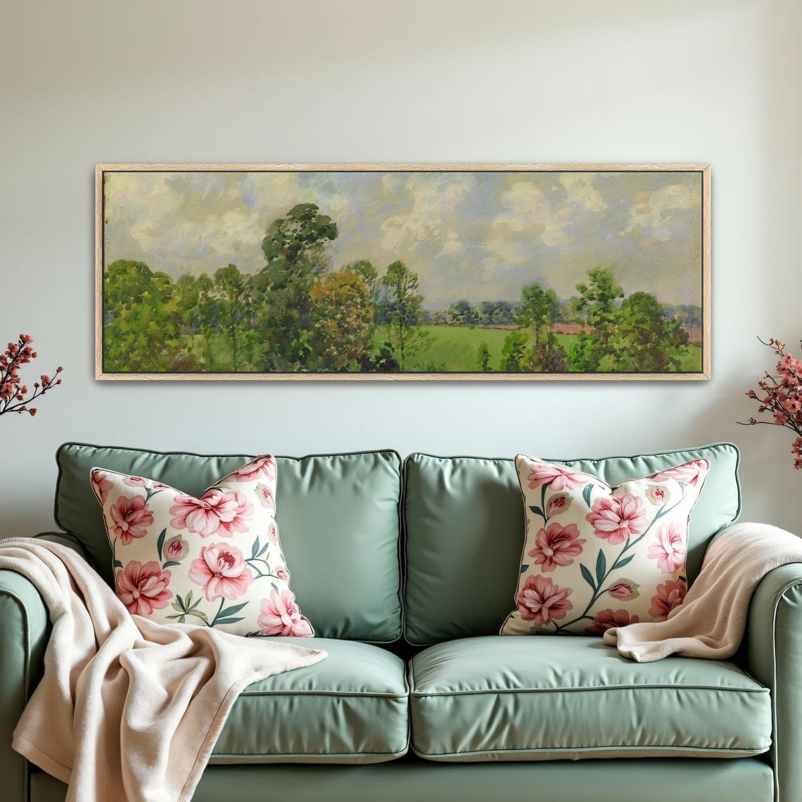Watercolor Meadow Landscape With Green Trees and Clouds Poster - Image 5