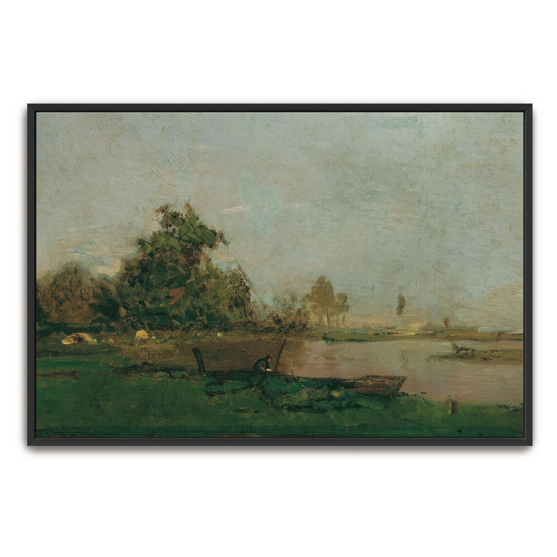 Large Framed Print Of River Landscape With Boat And Trees Landscape Wall Art Green And Gray Living Room Art Print