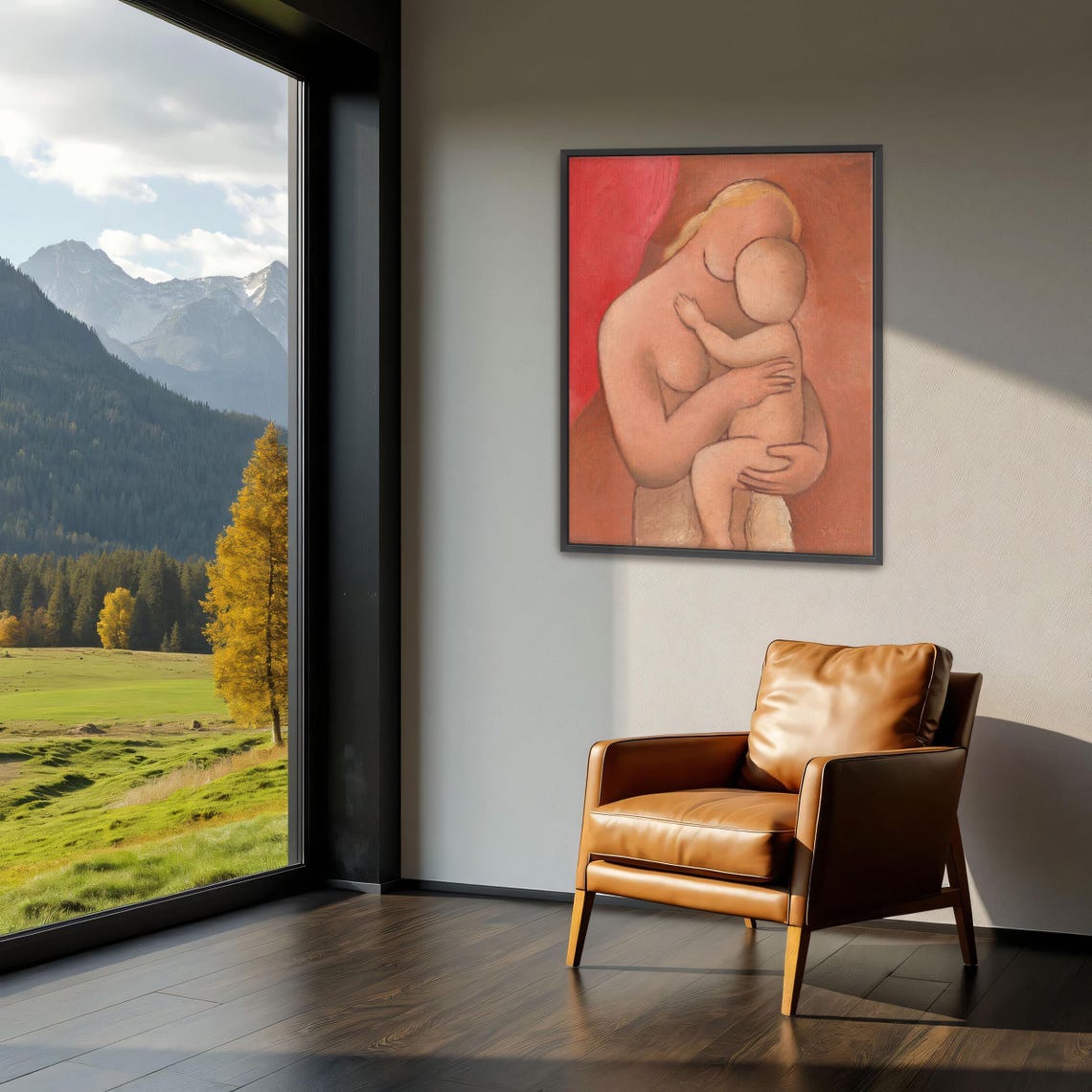 Mother Holding A Child On A Red Background Portrait Painting Poster - Image 3