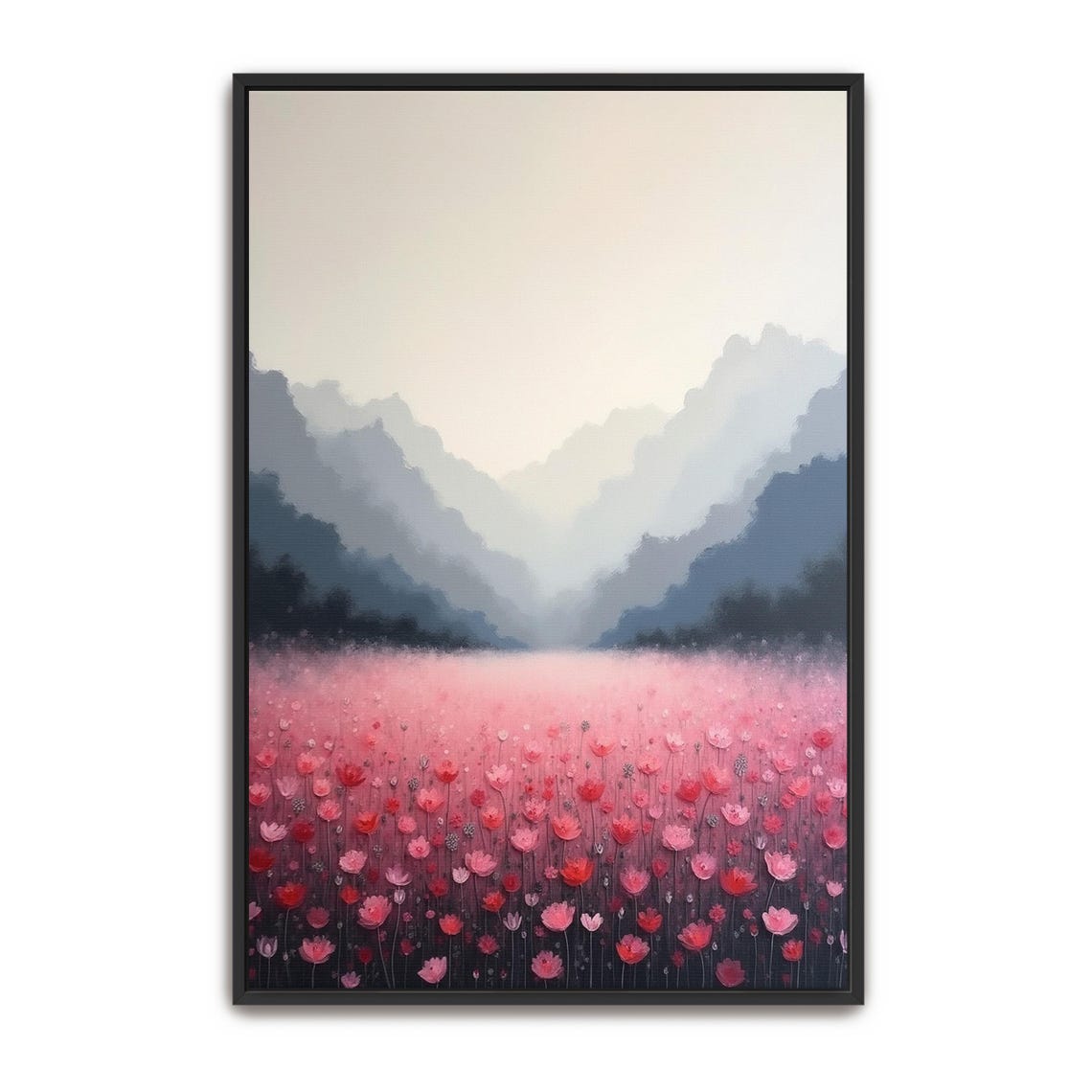 Pink Flower Field beneath Misty Blue Mountains Landscape Poster