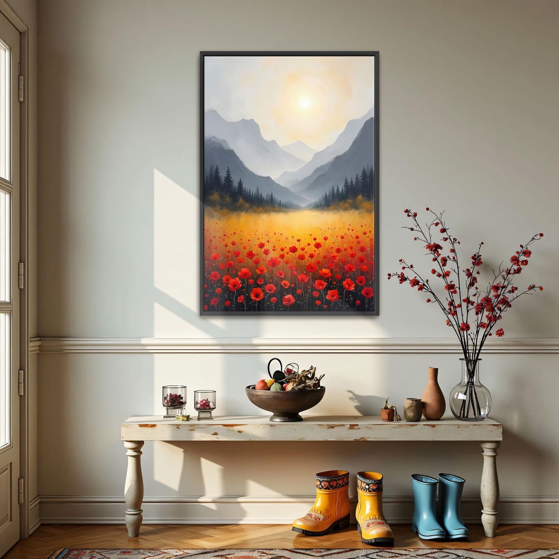 Red Poppies in a Sunlit Mountain Valley Golden Landscape Poster - Image 3