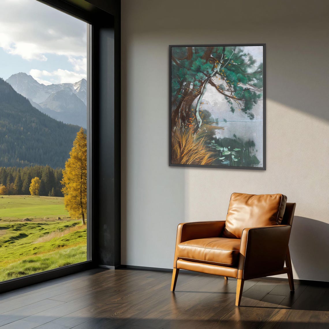 Leaning Pine Tree Over A Misty Lake With Water Lilies Poster - Image 3