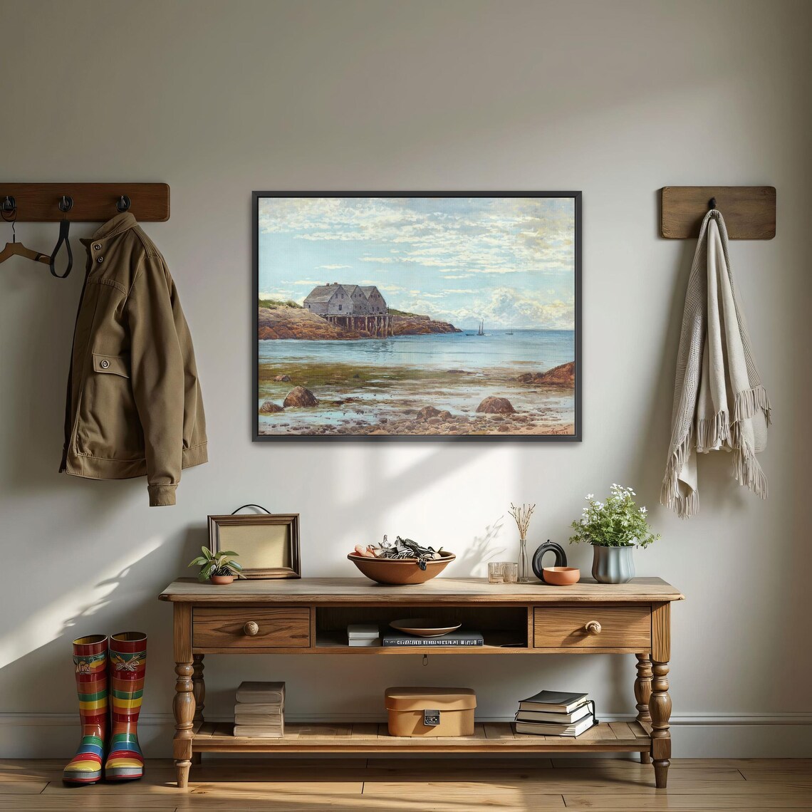 Coastal Houses on Stilts With Sailboats Vintage Seascape Poster - Image 4
