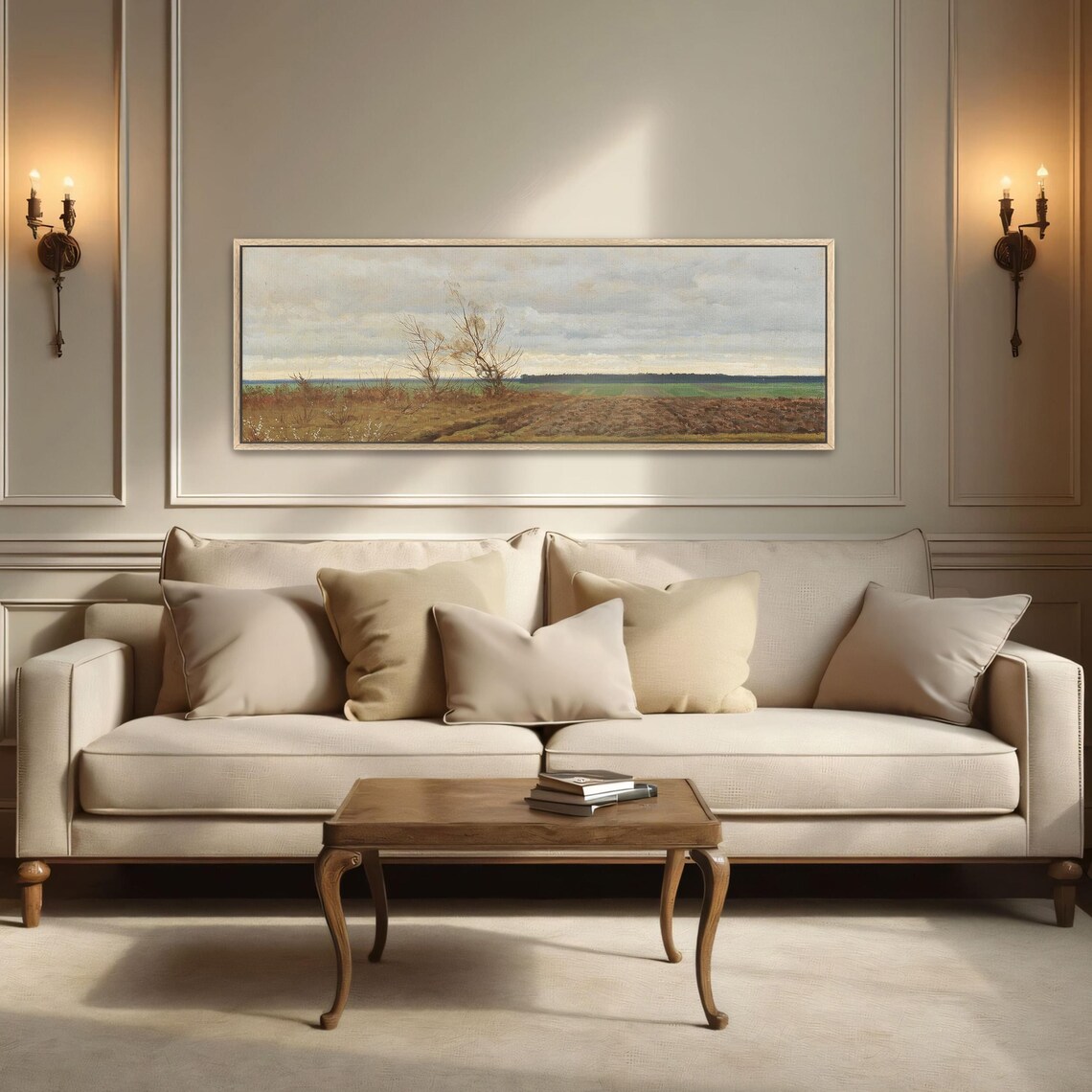 Landscape Painting With Trees And Field Panoramic Wall Art Horizontal Framed Art Above Bed Wall Art Bedroom And Living Room Art Wide - Image 2