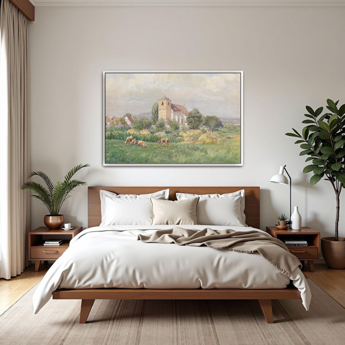 Village Church with Grazing Cows Pastoral Watercolor Scene Poster - Image 2