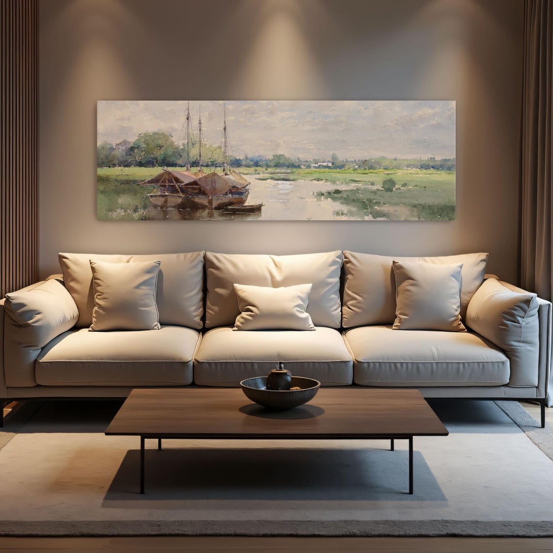 Three Sailboats Docked In A River Panoramic Wall Art Horizontal Framed Art Above Bed Wall Art Bedroom And Living Room Art Wide Narrow - Image 3