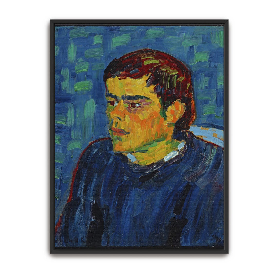 Colorful Mosaic Brushwork Portrait of Man in Blue Shirt Poster