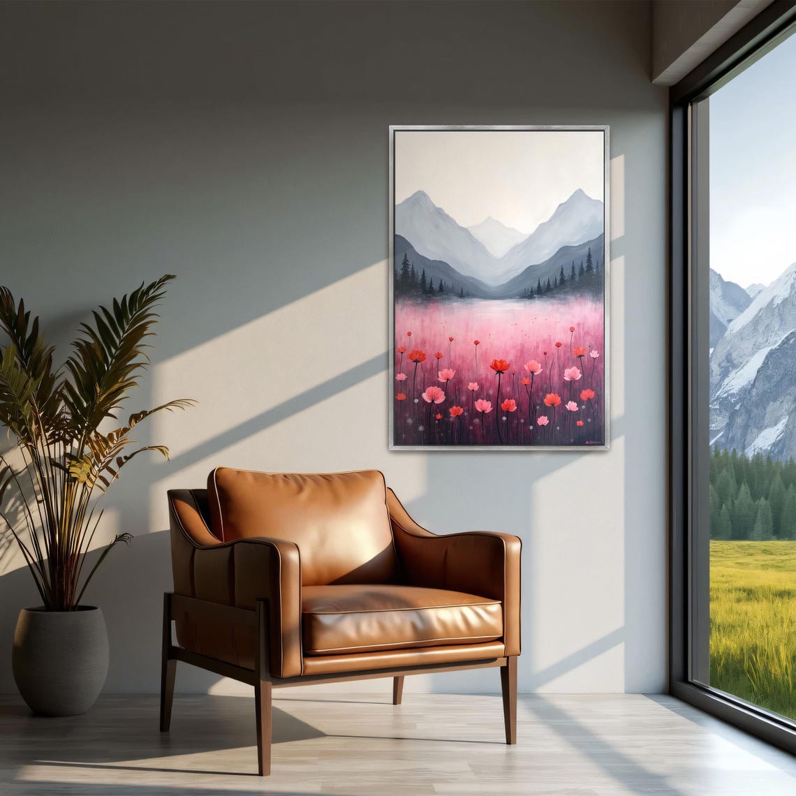 Misty Mountain Lake With Tall Pink And Coral Wildflowers Framed Poster - Image 2
