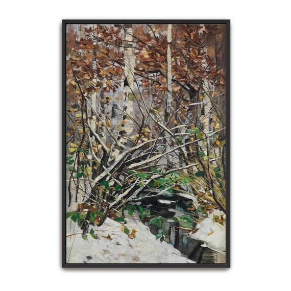 Framed Print Of Snowy Birch Forest With Stream Landscape Fine Art Print White And Brown Entryway Artwork Rustic Oil Painting