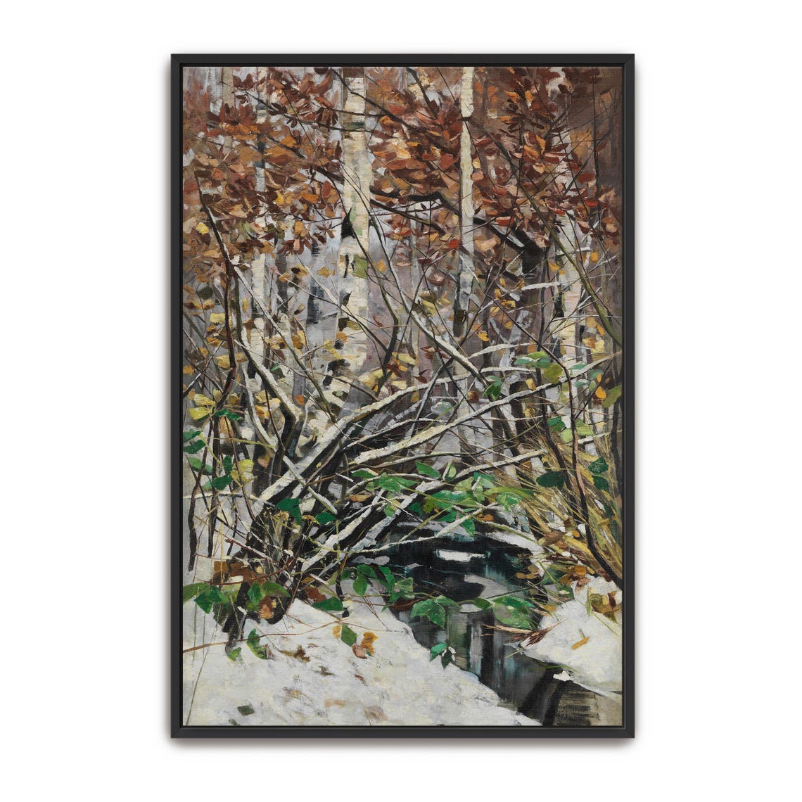 Snowy Birch Forest With a Frozen Stream Vintage Winter Art Print