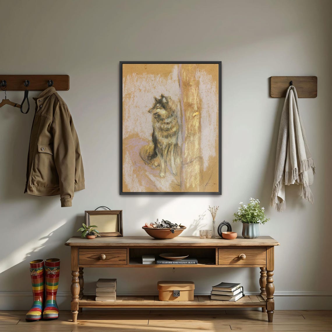Wolf Dog Seated by a Wooden Post Vintage Pastel Animal Study Art Print - Image 3