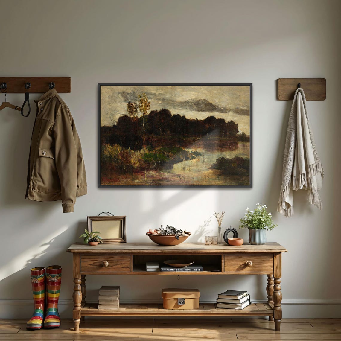 Misty Lake With Tall Trees and Reeds in Soft Golden Light Poster - Image 3