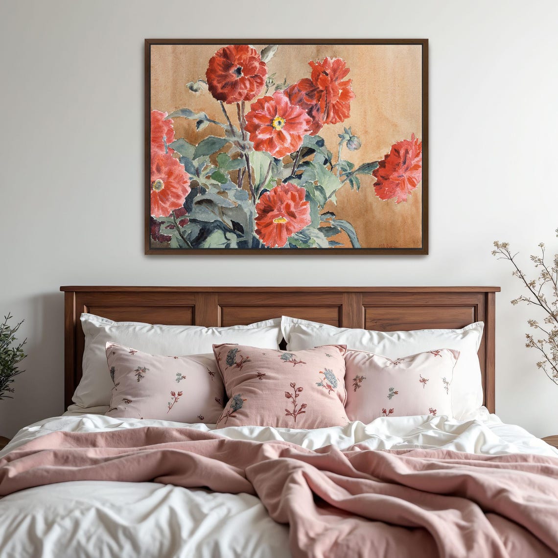 Red Dahlias Watercolor Bouquet on Warm Ground Floral Art Poster - Image 2