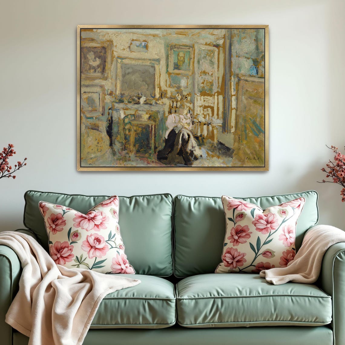 Woman Seated in a Sunlit Blue and Gold Interior Painting Art Poster - Image 2