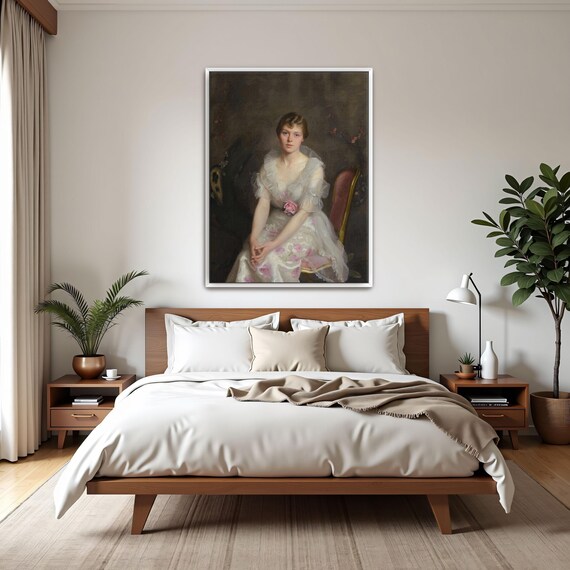 Portrait of a Woman in a White Floral Dress Classic Painting Poster