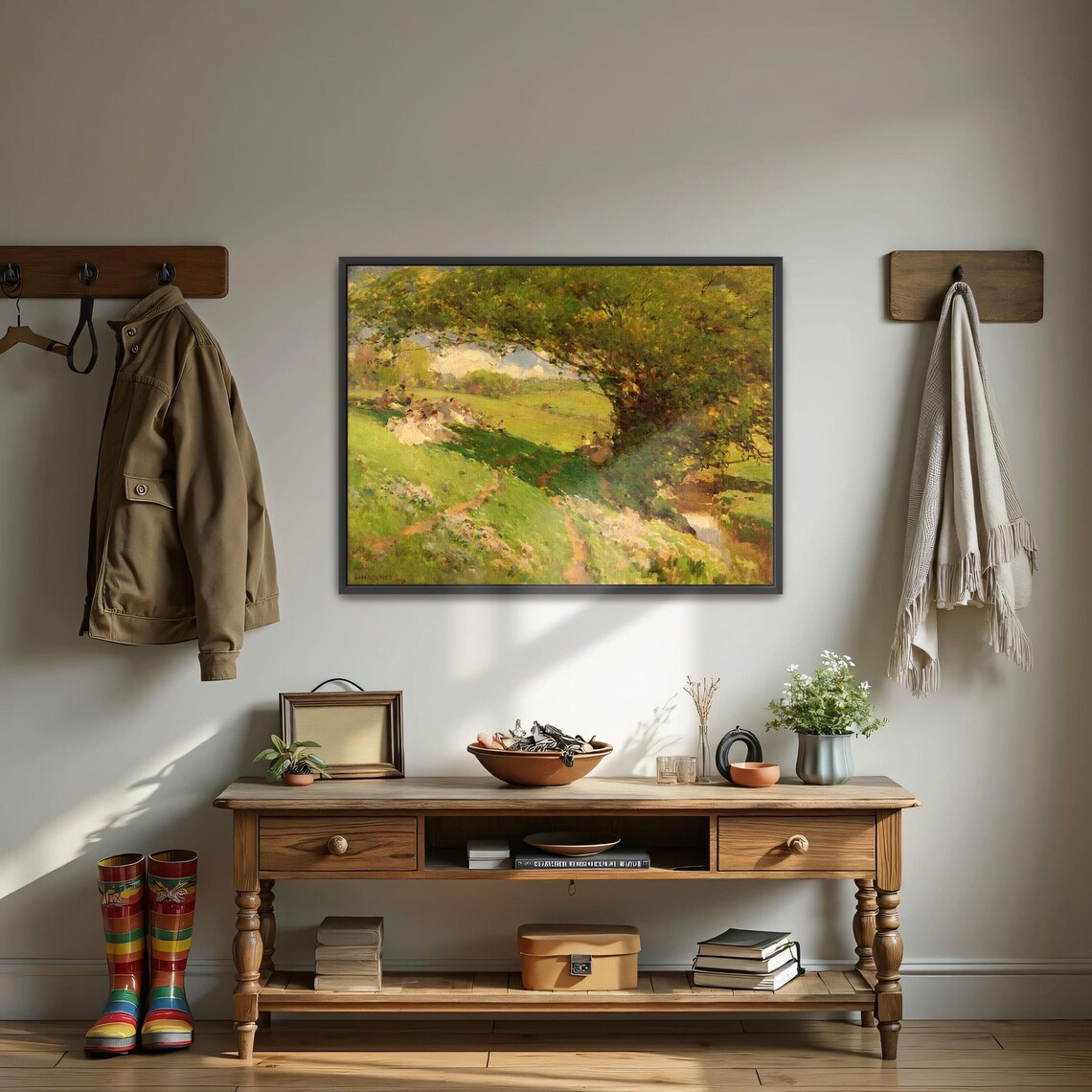 Framed Print Of A Group Of People Rest Under A Tree In A Green Field Landscape Fine Art Print Green And Brown Entryway Artwork - Image 3