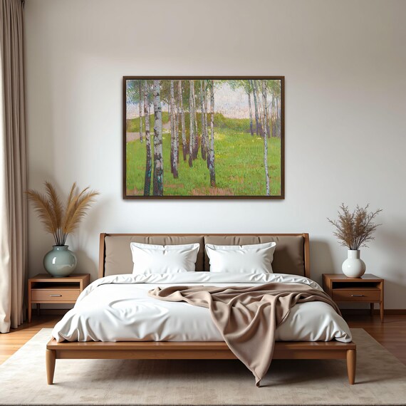 Framed Print Of Birch Trees In A Grassy Field Landscape Print Green And Beige Bedroom Art Print Art Nouveau Oil Painting