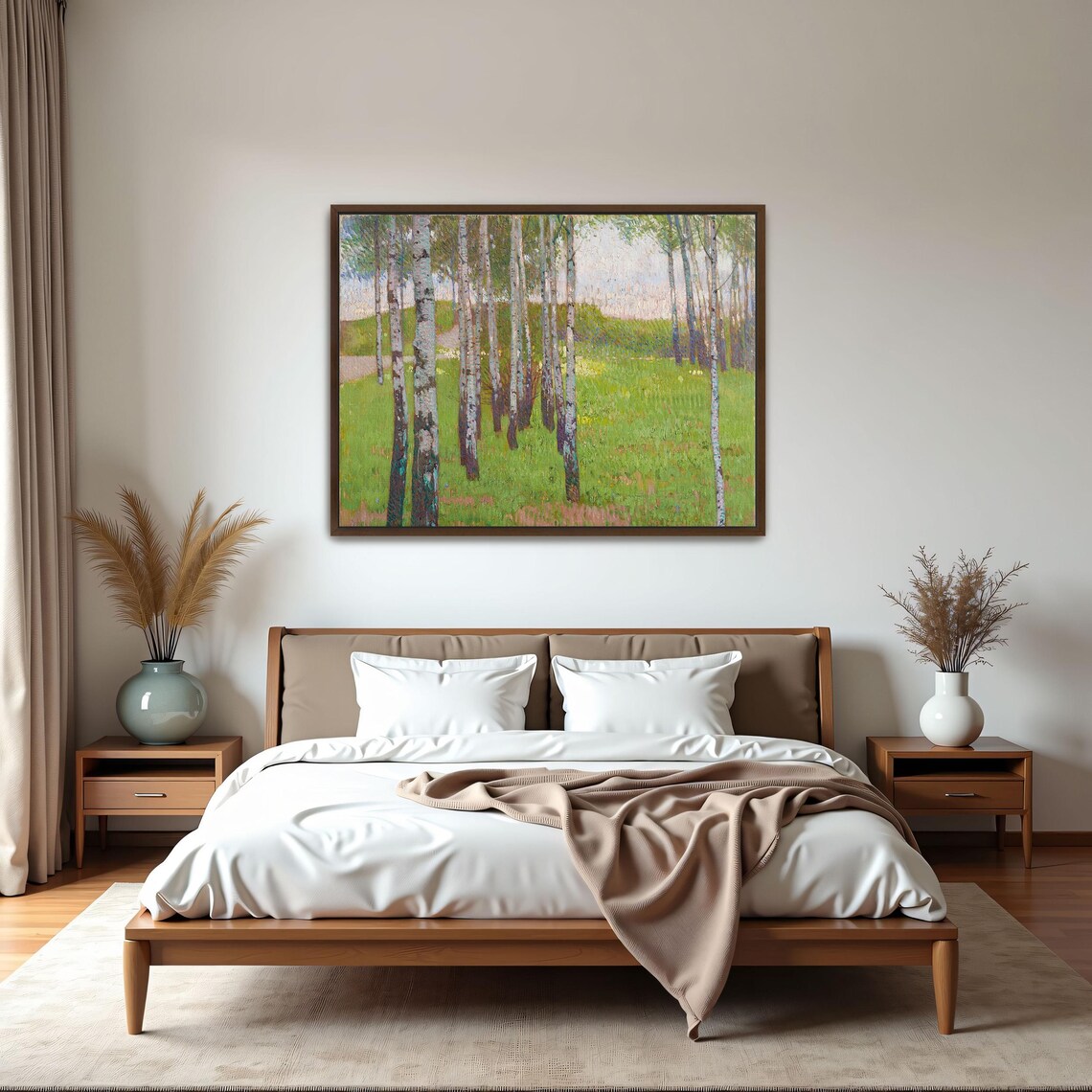 Framed Print Of Birch Trees In A Grassy Field Landscape Print Green And Beige Bedroom Art Print Art Nouveau Oil Painting