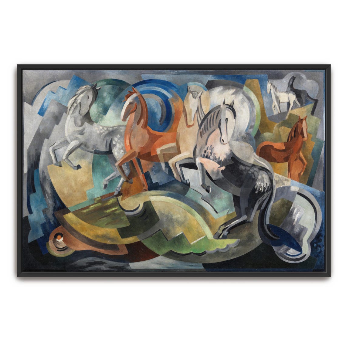 Large Framed Print Of Abstract Painting Of Five Horses Animal Wall Art Blue And Gray Bedroom Art Print Art Deco Oil Painting