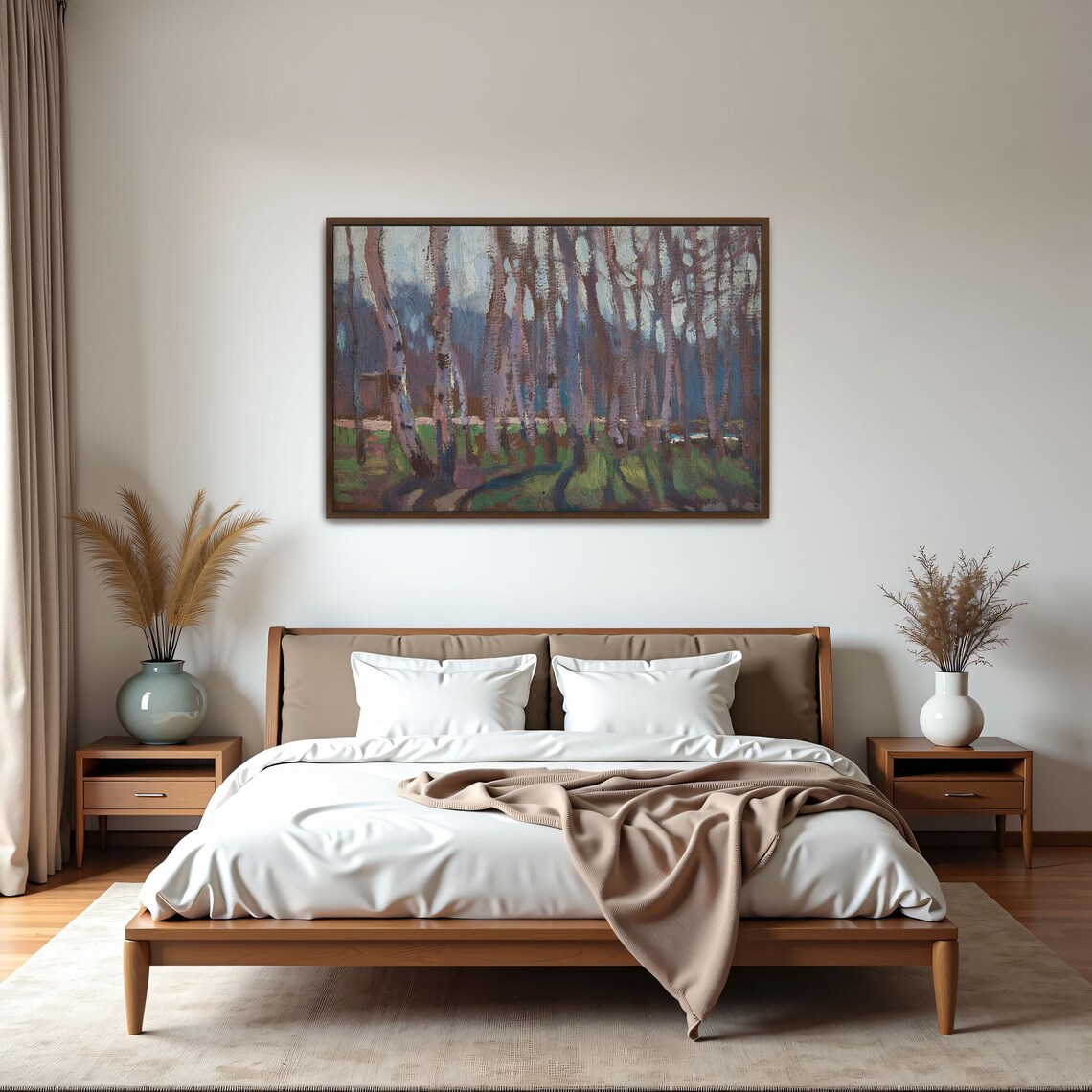 Large Framed Print Of Impressionistic Painting Of A Birch Grove Landscape Wall Art Green And Brown Entryway Artwork Boho Art - Image 6