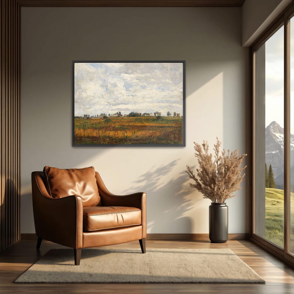 Framed Print Of Rural Landscape With Cloudy Sky Landscape Wall Art White And Blue Bedroom Artwork Rustic Oil Painting - Image 4
