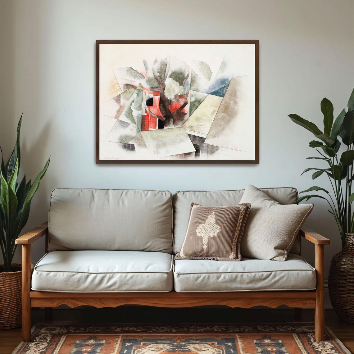 Large Framed Print Of Abstract Watercolor Of Rooftops And Tree Geometric Wall Art Green And White Entryway Decor Abstract Art - Image 5