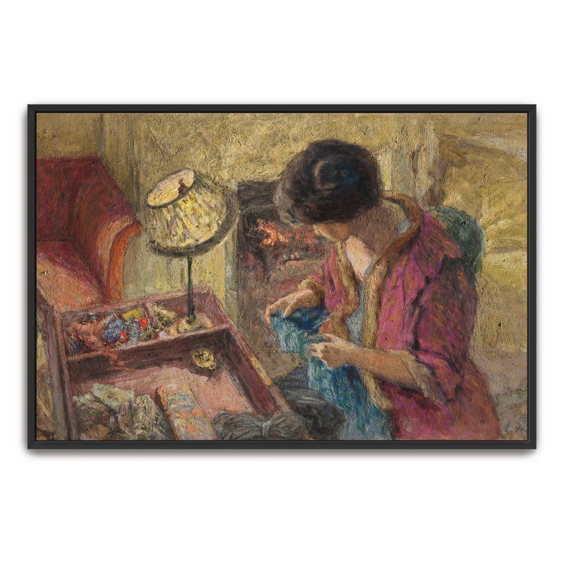 Woman In Magenta Shawl Sewing By Lamplight Post Impressionist Poster