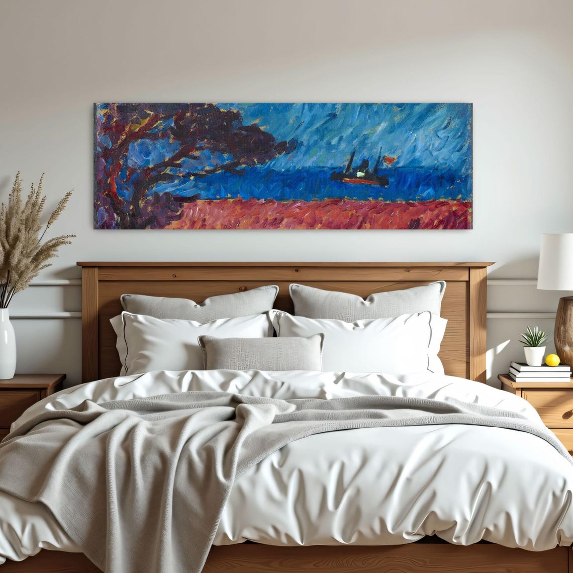 Abstract Landscape With Red Field And Blue Sky Panoramic Wall Art Horizontal Framed Art Above Bed Wall Art Bedroom And Living Room Art - Image 3